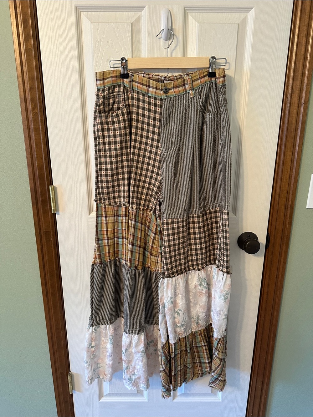 POL Patchwork Wide-Leg Pants in Brown, Cream & Green Plaid